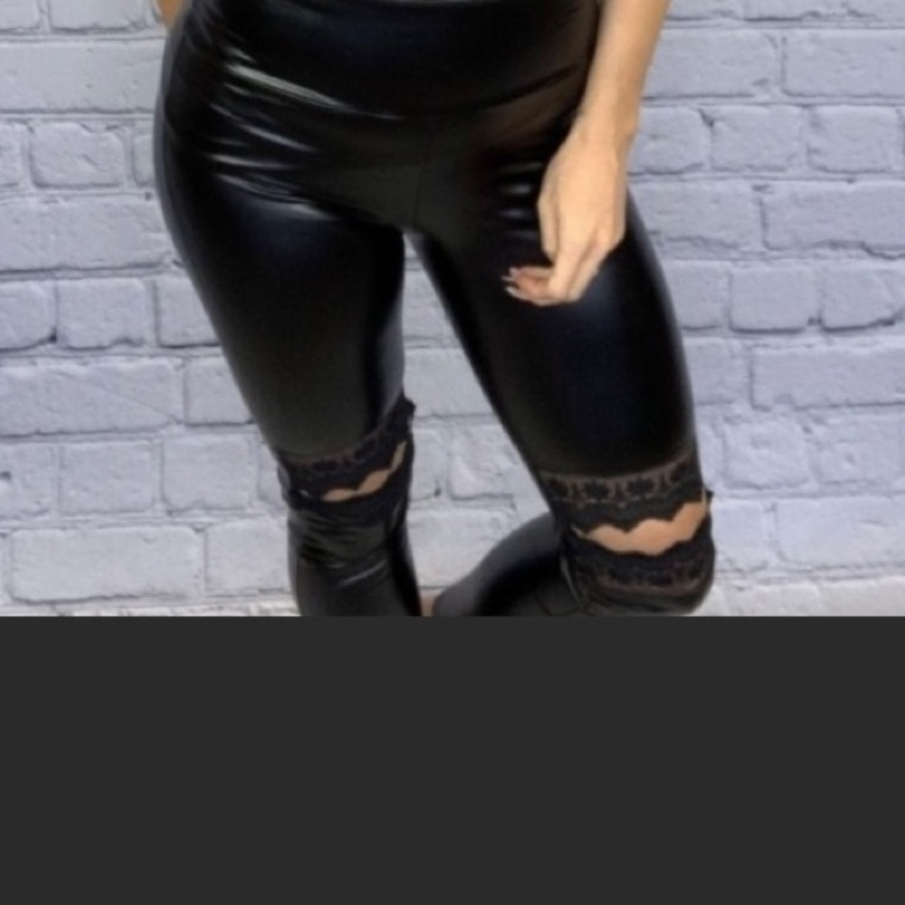 Super cute stretch black pleather leggings w/ cut out lace knees